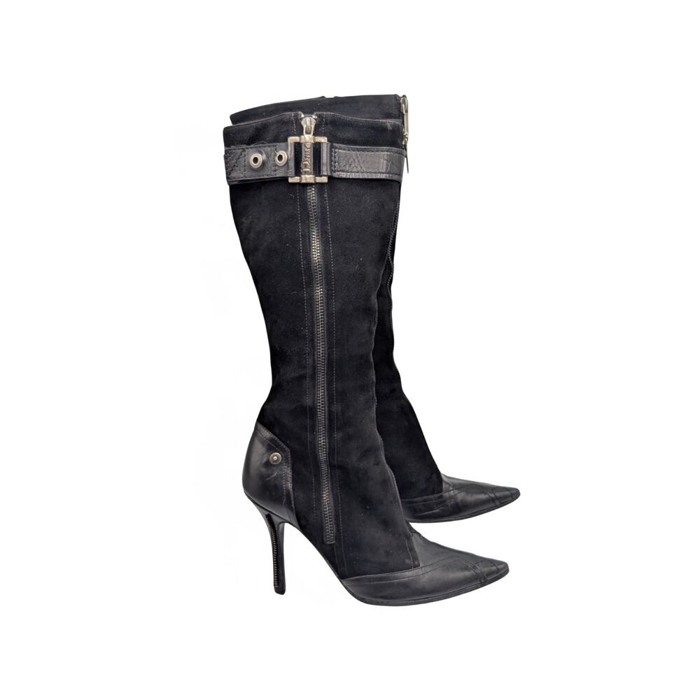 Christian Dior Black Suede Zipper Knee High Boots Y2K Galliano Size 38